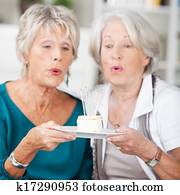 Two elderly women eyeing a piece of delicious cake