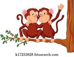 Two monkeys cartoon sitting on a tr