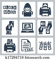 Vector criminal activity icons set: blackmail, hacking, counterfeiting, cardsharping, piracy, passport forgery, skimming, forgery of documents, money laundering