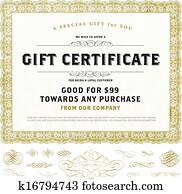 vektor, altmodisch, geschenk bescheinigung, schablone, mit, gold, verzierungen