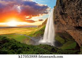 Waterfall, Iceland - Seljalandsfoss Waterfall, Iceland - Seljalandsfoss