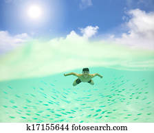 young clovek, plávací, undersea, s, fishes