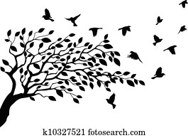 árvore, e, pássaro, silueta