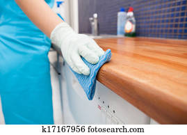 אישה, לנקות, מטבח, משטח דלפק