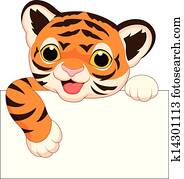 חמוד, tiger, ציור היתולי, עם, סימן ריק