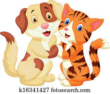 חמוד, חתול, ו, כלב, ציור היתולי