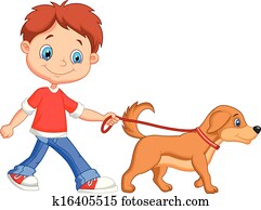 חמוד, ציור היתולי, איש הולך, עם, כלב