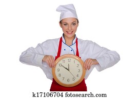 לחייך, טבח, עם, a, שעון ב, שלו, ידיים