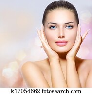 美麗, portrait., 美麗, 礦泉, 婦女, 触, 她, 臉