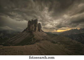A large thunderstorm looms over Tre Cime in Natural Park Tre Cime in the Italian Dolomites; Cortina, Italy