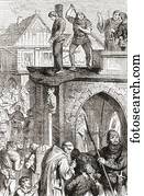 The pillory, a wooden or metal framework erected on a post, with holes for securing the head and hands which was used for punishment by public humiliation.  From Ward and Lock's Illustrated History of the World, published c.1882.