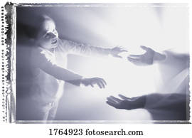 Boy reaches out for Jesus' hands