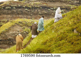 Jesus leads three disciples up a hill