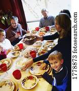 ação graças, refeição, com, família