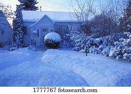 casa, e, jardim, coberto neve