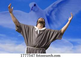 homem, com, braços levantados, pomba, em, fundo