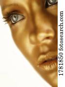 closeup, de, um, bronze, rosto