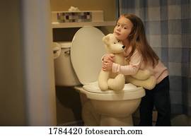 criança, encourages, urso, ir, potty