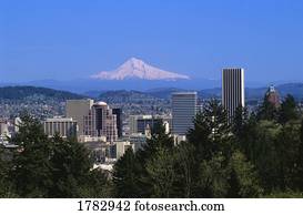 portland, cityscape, com, monte capuz, em, fundo