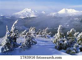 Three Sisters and Broken Top Mountains in snow, Central Cascades