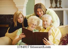 Family looking at photo album