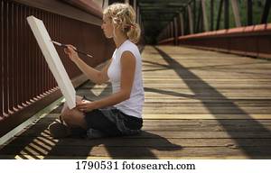 jovem, artista, quadro, ligado, um, ponte