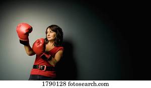mulher, com, luvas boxing