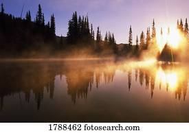 Sunbeams through mist on lake