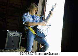 juventude, tocando, violão elétrico