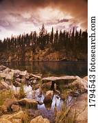 Rocky shoreline of lake