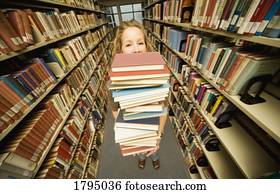 estudante, em, a, biblioteca