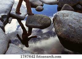 Reflection of a hiker crossing a stream