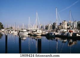 barcos, deduziu, ao longo, água tranqüila