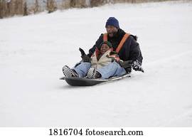 pai filho, sledding, ligado, neve