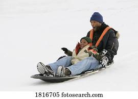 pai filho, sledding, ligado, neve