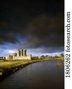Trim Castle and River Boyne under heavy clouding in County Meath, Ireland