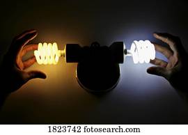 mãos, perto, energia, eficiente, lâmpadas incandescentes