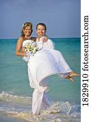 noivo, carregar, noiva, ligado, praia