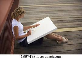 artista, com, um, tela branco