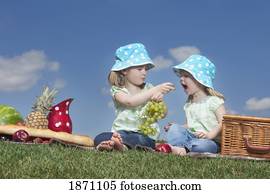 dois, meninas jovens, compartilhar, uvas, em, um, piquenique