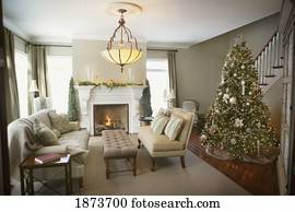 sala de estar, com, um, árvore natal