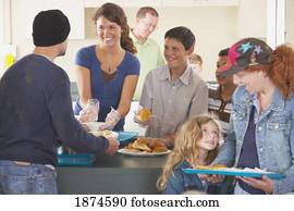 grupo pessoas, em, comunidade, bufê