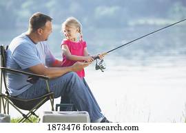 um, pai, pesca, com, seu, filha jovem