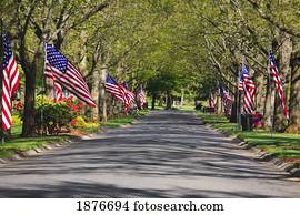 portland, oregon, estados unidos, de, America;, bandeiras americanas, forro, a, estrada, ligado, dia comemorativo