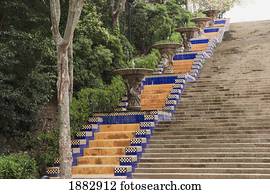 Mosaic Lined Steps With Fountains; Barcelona, Spain