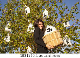woman harvesting money bags from money tree; edmonton, alberta, canada