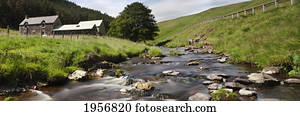 a creek running past houses; cheviot hills northumberland england