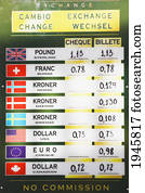 exchange rates posted outside change shop; nerja malaga province costa del sol spain