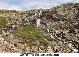 Water flowing over rock on a rugged slope; highlands norway
