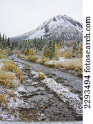 Igloo creek with snow and autumn colors in denali national park;Alaska united states of america